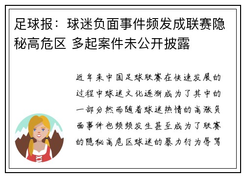 足球报：球迷负面事件频发成联赛隐秘高危区 多起案件未公开披露